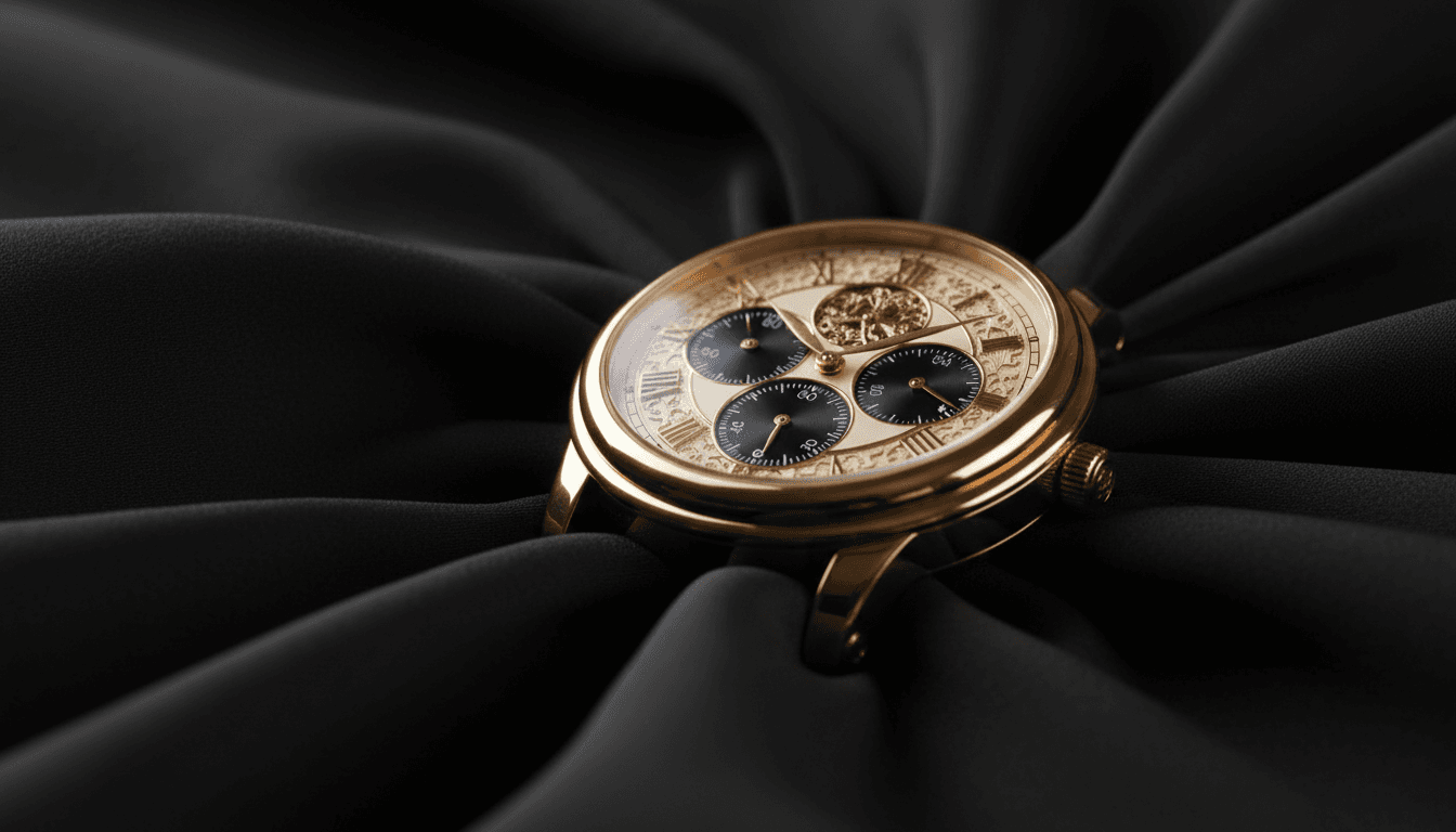 Close-up of a gold timepiece resting on black silk in dramatic lighting