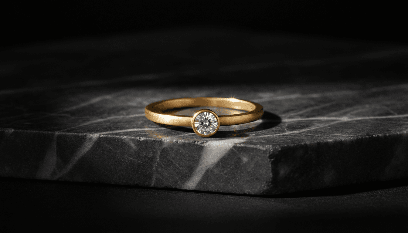 Macro shot of a fine gold ring with a diamond on dark marble