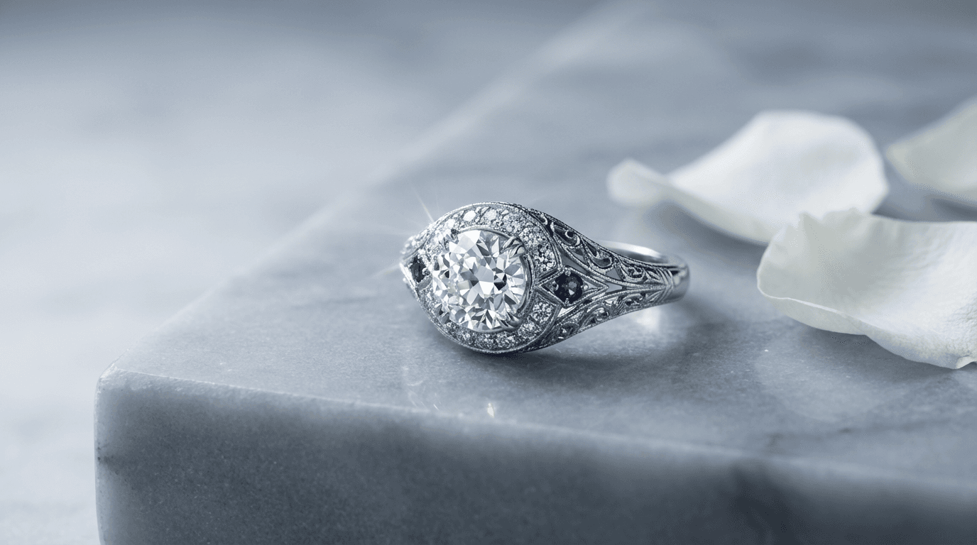 Gloved hand placing a diamond ring into a velvet-lined case