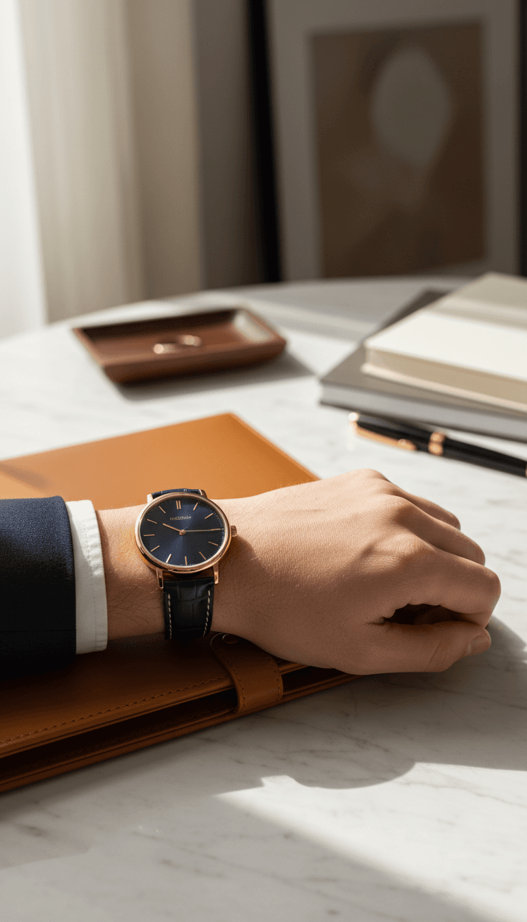 Close-up of a rare luxury watch on a wrist in warm light against a dark background