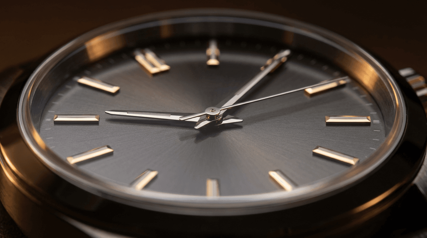 Close-up of a rare timepiece being examined by a gloved hand in low light