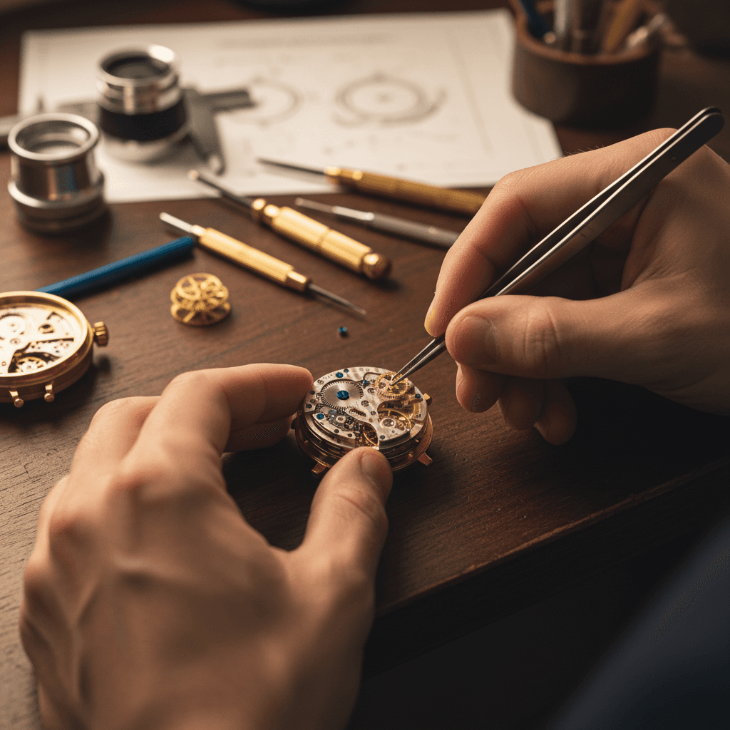 Watchmaker adjusting gold watch bracelet